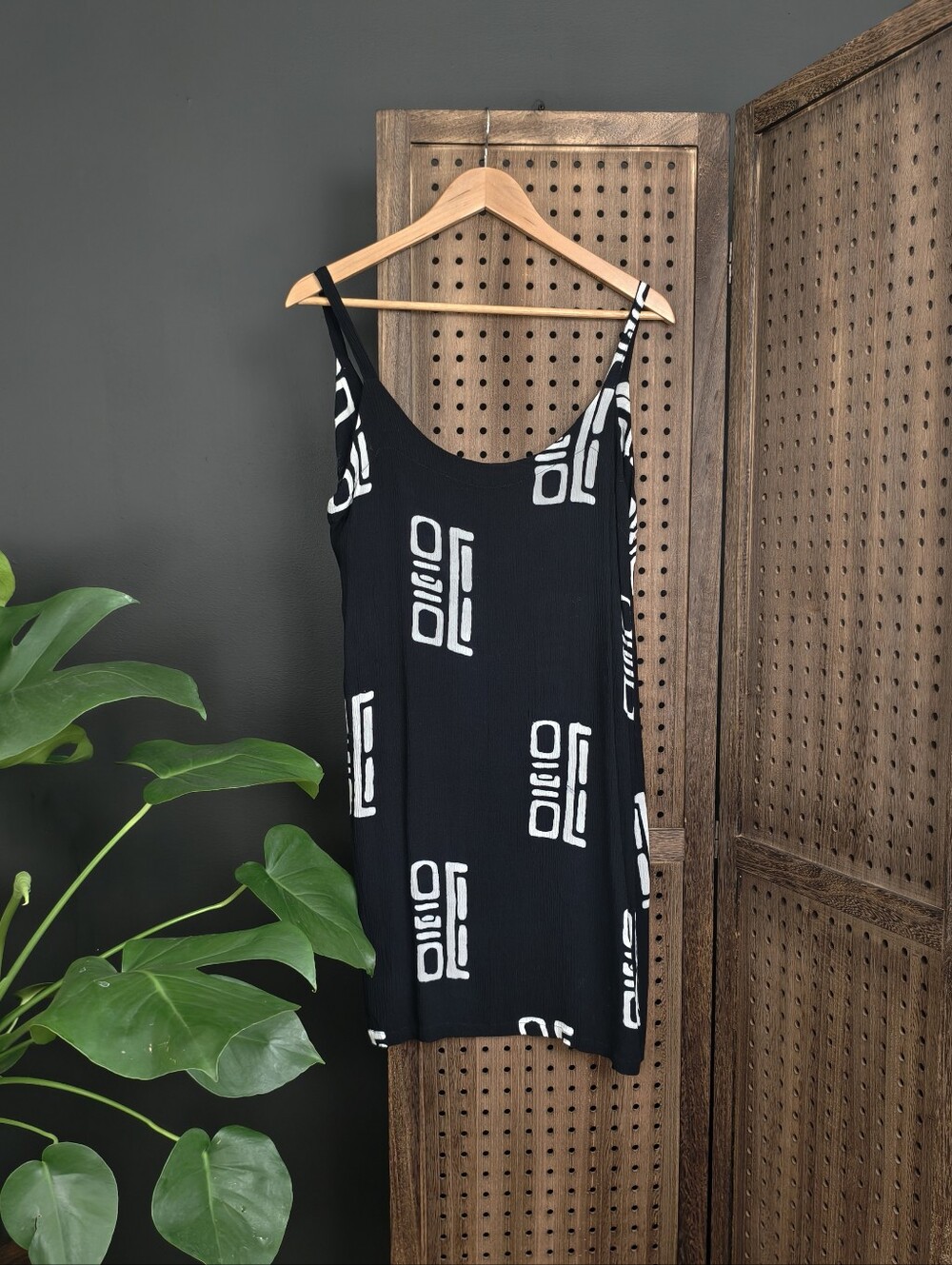 Kembali Black Slip Dress with White Geometric Print
